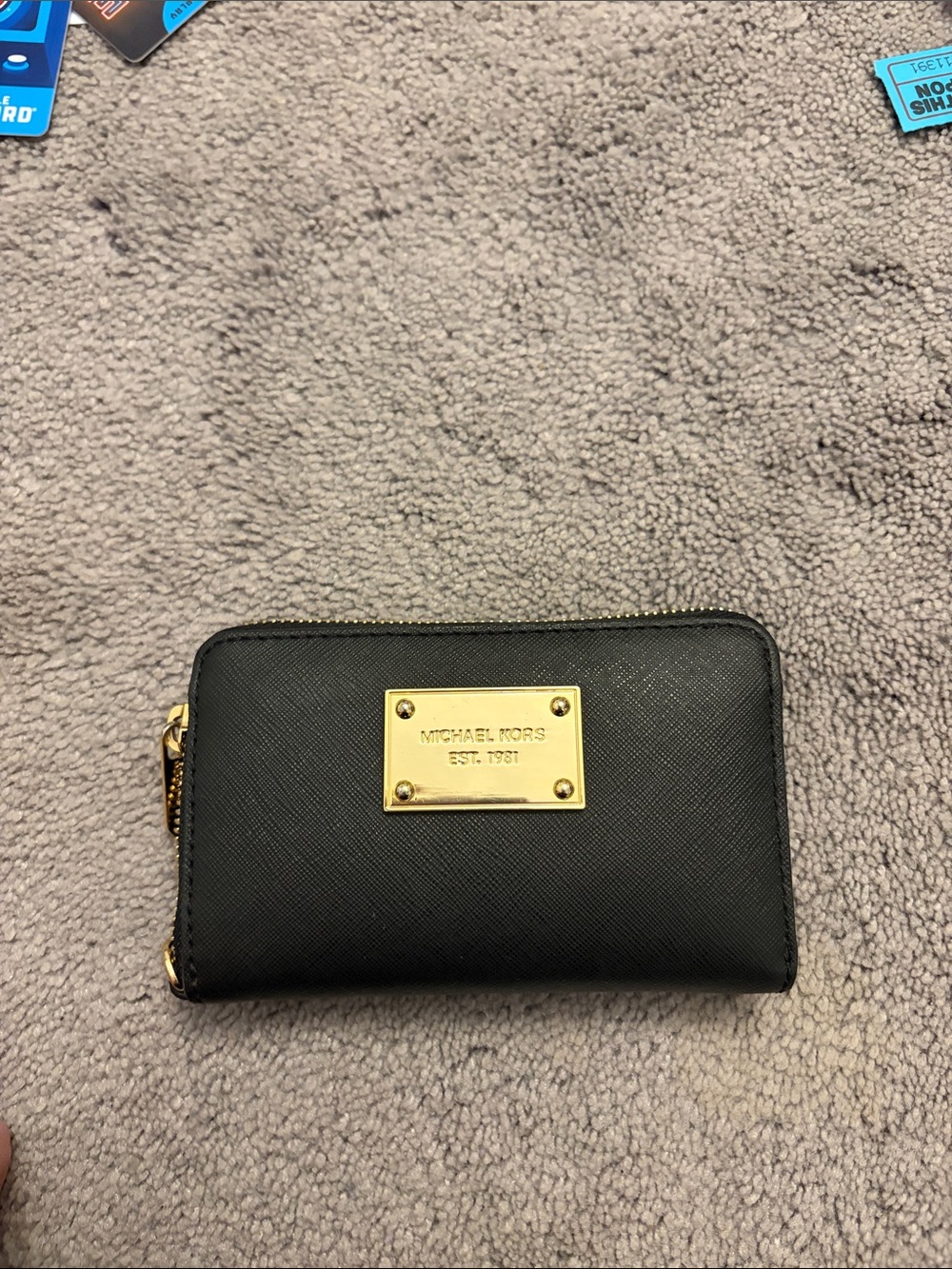 Michael Kors Black Zip-Around Saffiano Wallet with Gold Plaque
